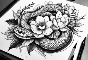 Japanese forearm snake and flower sleeve stencil tattoo idea