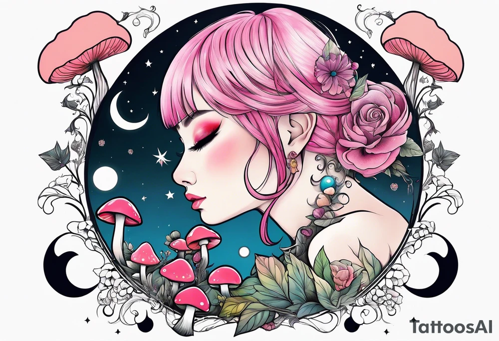 fairy with pink hair, eating a mushroom under the moon, tripping balls tattoo idea