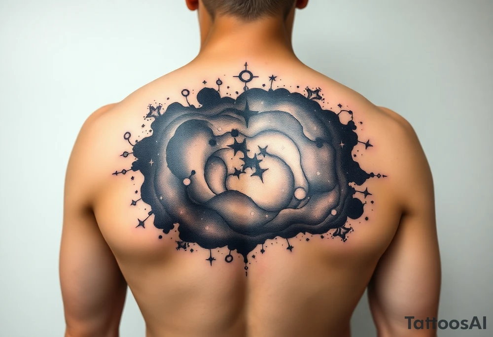 Beautiful and epic 3d milky way that appears to be what is beneath the skin. Make it drape over the shoulder and move to the middle back. use negative spaces to create stars and dust. Incorporate God breathing life into the universe. Keep it symmetrical tattoo idea