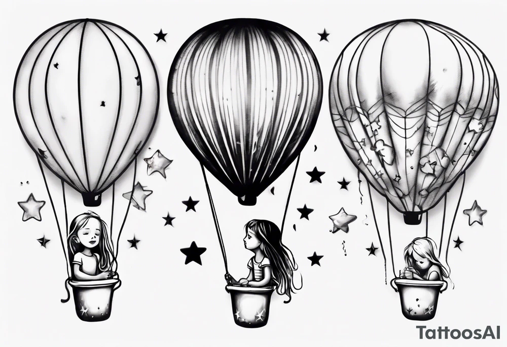 Hot water balloon with star and heart balloons and little girl inside dreaming tattoo idea