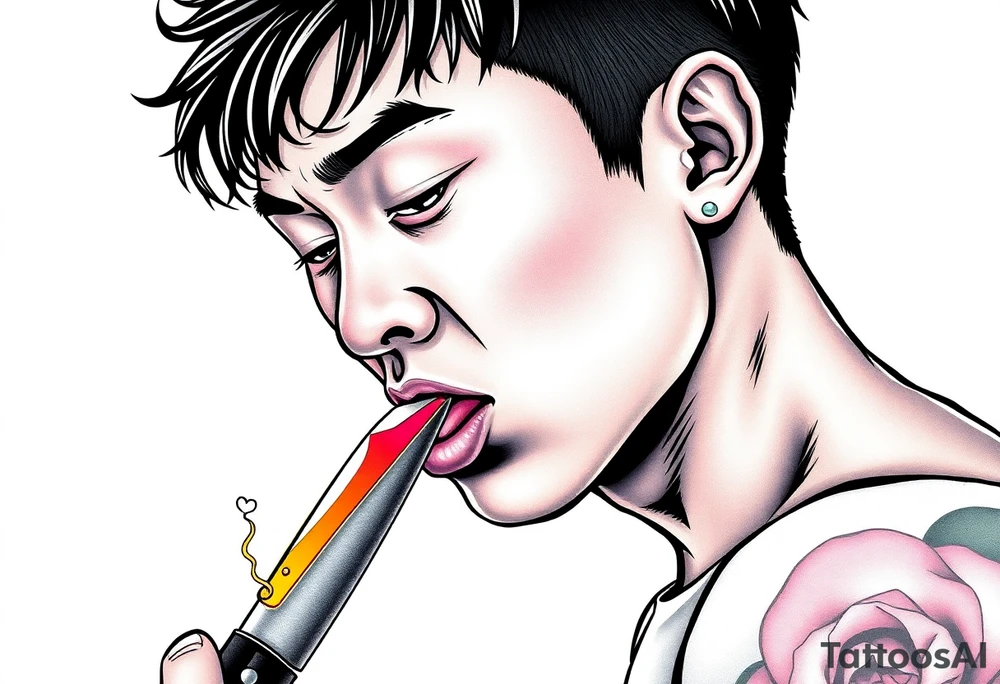 Handsome Asian young guy is licking a ritual knife tattoo idea