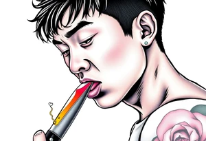 Handsome Asian young guy is licking a ritual knife tattoo idea