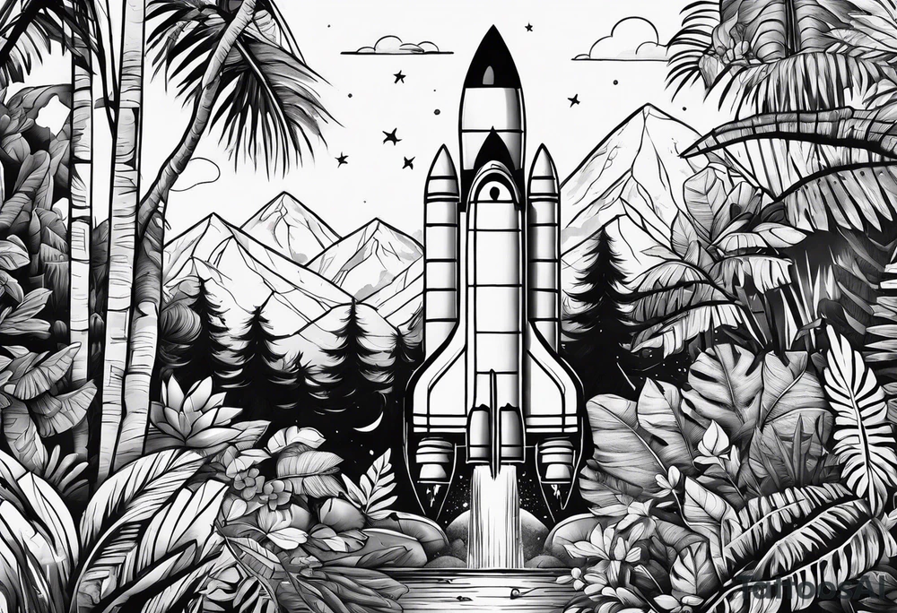 a rocket in middle of jungle line art tattoo idea