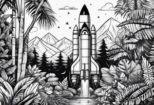 a rocket in middle of jungle line art tattoo idea