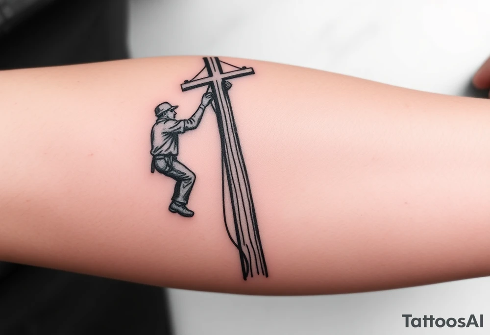 power lineman climbing a wooden 12kv pole. Make the pole a cross that has a hidden resemblance to god. tattoo idea