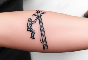 power lineman climbing a wooden 12kv pole. Make the pole a cross that has a hidden resemblance to god. tattoo idea