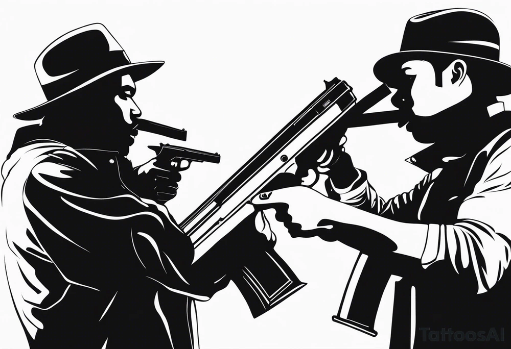 A reflection of two black  siloets of people  holding guns at two siloets dead tattoo idea