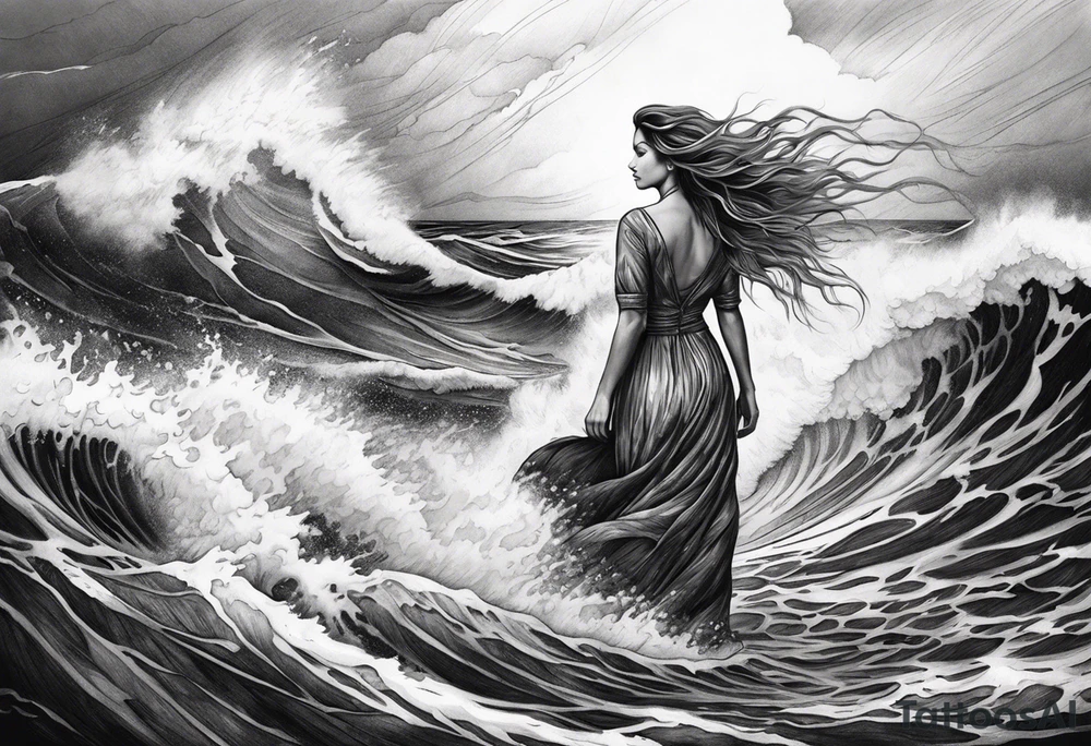 stormy sea waves, full-length woman in the middle of the storm tattoo idea