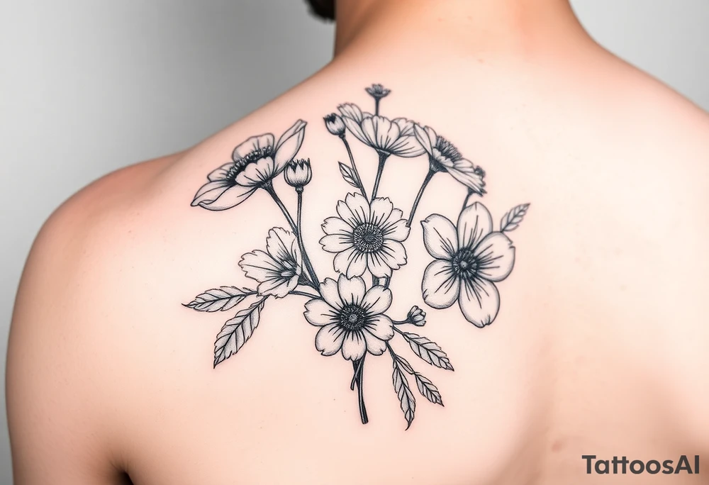 poppy, gladiolus, holly, narcissistic, daisy, and sweet pea arm tattoo tattoo idea