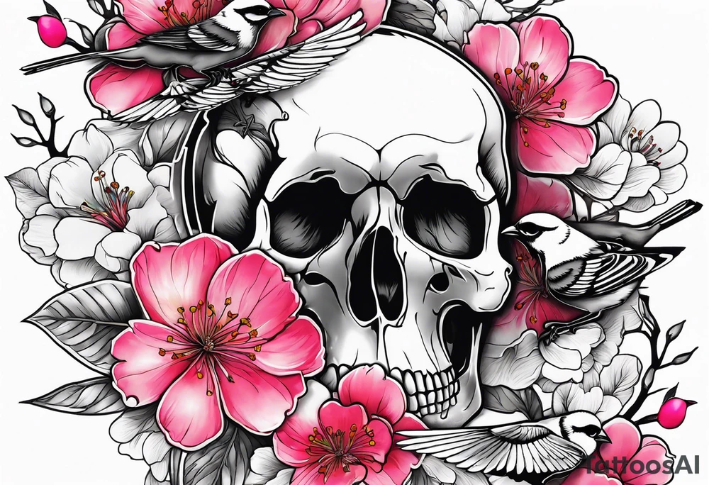 Skulls in cherry blossoms with 3 chickadees full sleeve tattoo idea