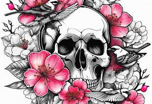 Skulls in cherry blossoms with 3 chickadees full sleeve tattoo idea