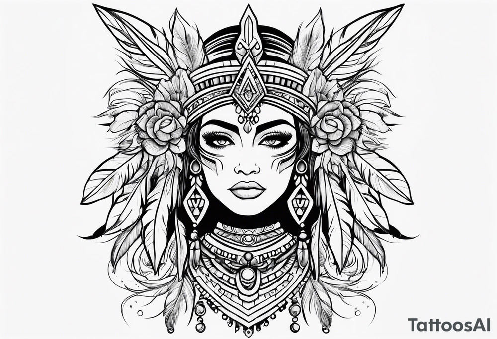 Aztec princess, feather roses tattoo idea