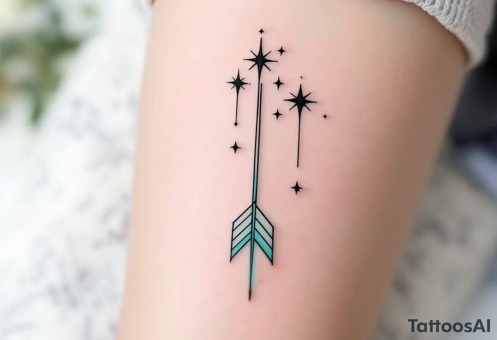 A simple Sagittarius design with black stars connected by fine white lines, hovering above a faded turquoise arrow. tattoo idea