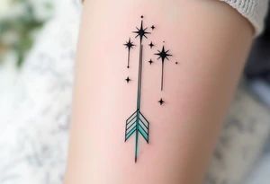 A simple Sagittarius design with black stars connected by fine white lines, hovering above a faded turquoise arrow. tattoo idea