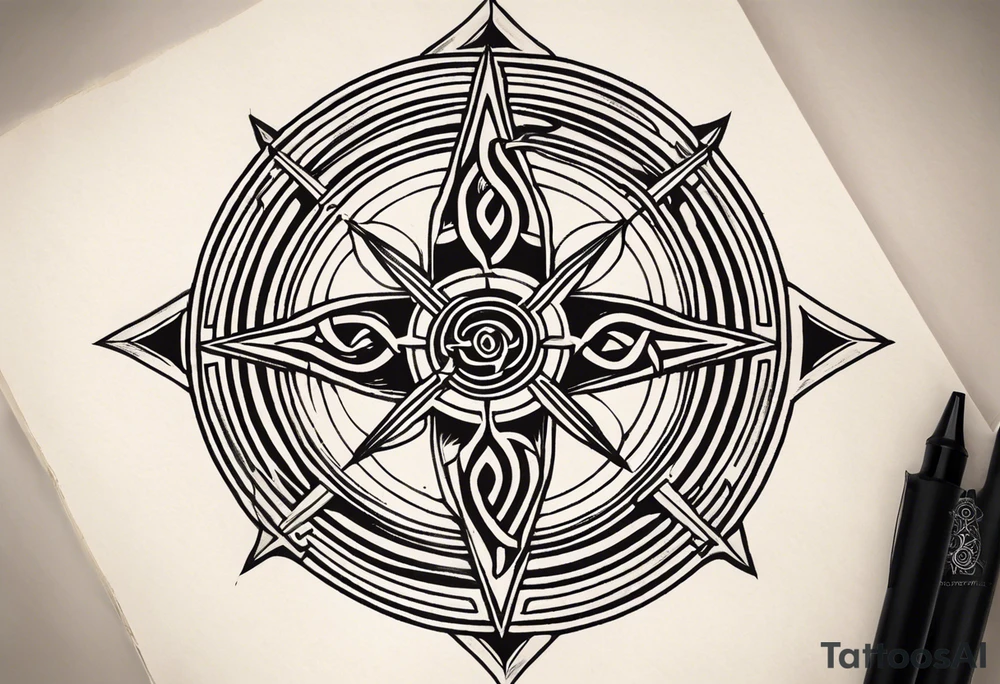 A compass rose with a labyrinth on the inside and to Celtic swords going through the center of the rose compass tattoo idea
