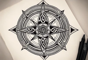 A compass rose with a labyrinth on the inside and to Celtic swords going through the center of the rose compass tattoo idea