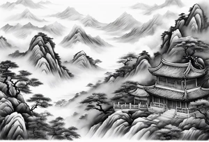 forearm sleeve traditional chinese art painting style autumn mountains mist fog water Chinese temple 2 male monks wearing robes  drinking tea tattoo idea