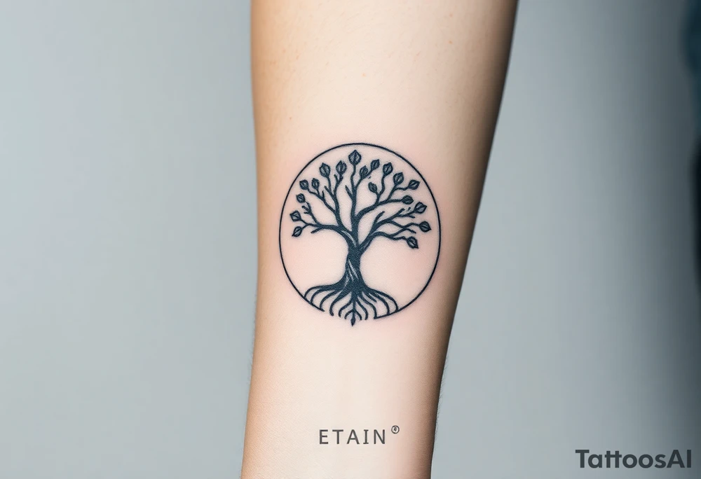 Tree with few leaves, encircled in a circle, with a line starting from the left side of tree and spiraling outward in a clockwise direction tattoo idea