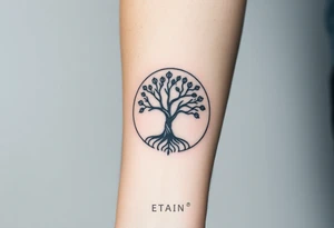 Tree with few leaves, encircled in a circle, with a line starting from the left side of tree and spiraling outward in a clockwise direction tattoo idea