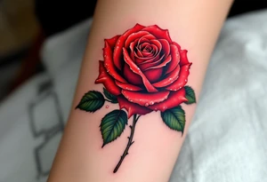 A vibrant red rose with dewdrops, the petals curling with realistic depth in deep crimson and dark green leaves. tattoo idea