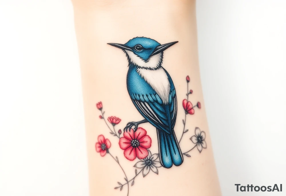 Angry bluebird surrounded by wild flowers tattoo idea