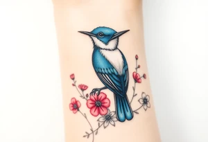 Angry bluebird surrounded by wild flowers tattoo idea