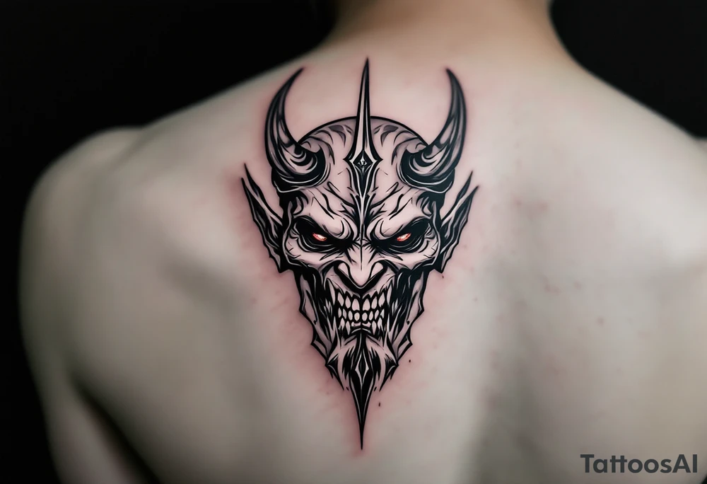 scary demon face with trident tattoo idea