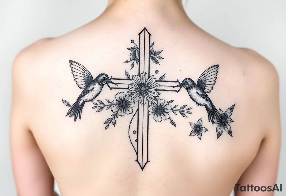 cross surrounded by hummingbirds and flowers tattoo idea