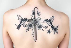 cross surrounded by hummingbirds and flowers tattoo idea