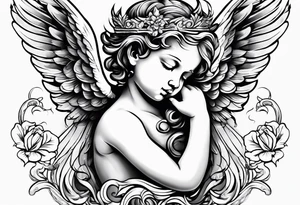 Crying cherub angel with tattoos on its arms tattoo idea
