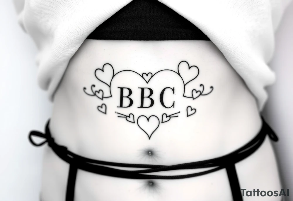 text reading "BBC" across a womb tattoo surrounded by hearts tattoo idea