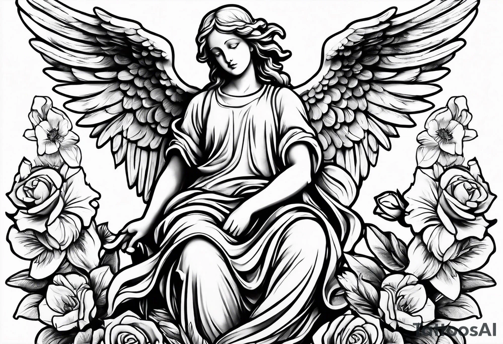 Simple Angel statue stood on a rock with daffodils and roses wrapped around its legs tattoo idea