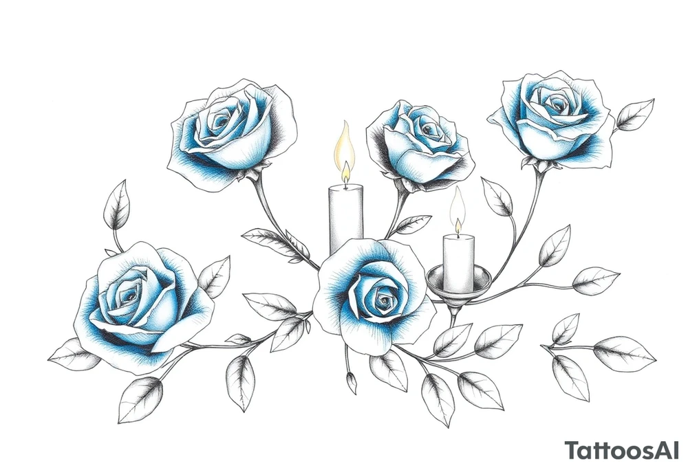 Blue, roses, short candles, water tattoo idea