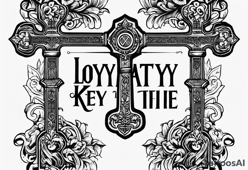 Cross with wording saying Loyalty Is Key in old English with two ak-47 and money in the background tattoo idea