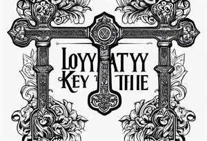 Cross with wording saying Loyalty Is Key in old English with two ak-47 and money in the background tattoo idea