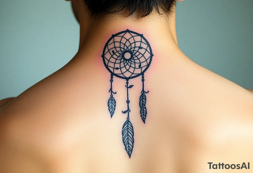 Neck piece with a beautiful dream catcher with 3 names attached to the leaves tattoo idea