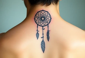 Neck piece with a beautiful dream catcher with 3 names attached to the leaves tattoo idea