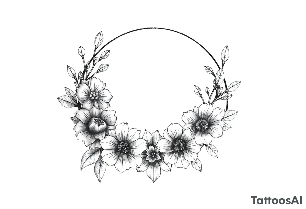 moon-shaped diferent flowers tattoo idea