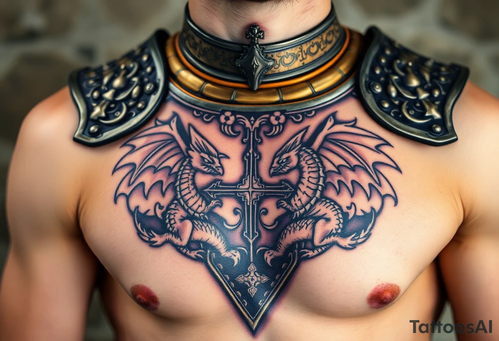 A close-up of an ornate Templar knight’s breastplate, with detailed engravings of dragons tattoo idea