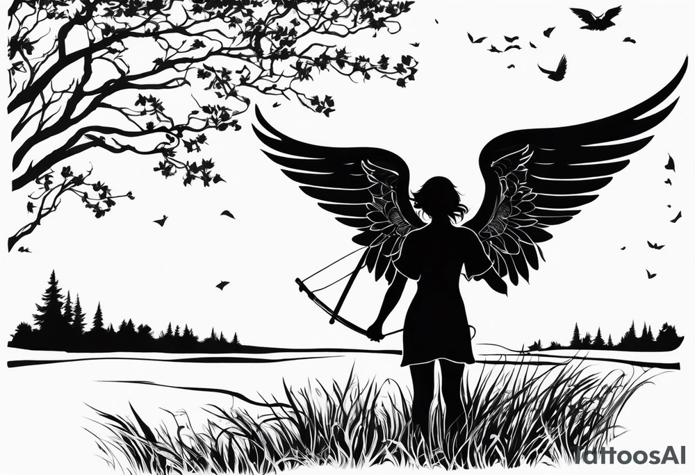 silhouette of a shooting angel from the back from the meadow tattoo idea
