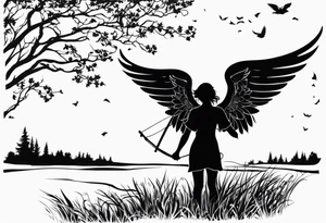 silhouette of a shooting angel from the back from the meadow tattoo idea
