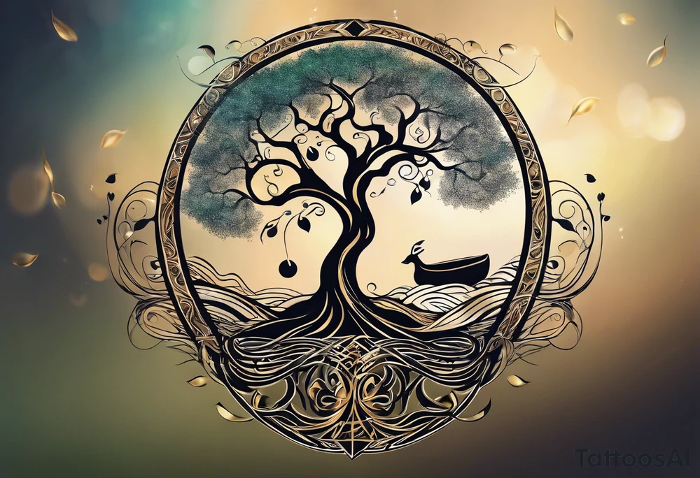 A tattoo design that incorporates the following elements: an abstract tree of life that has roots emerging  from the ground. Waves of water encapsulate the tree and wind around it in an organic way.  Incorporate music.   the letters U and A are overlapping and engraved into the tree. The game of golf incorporated but not prominent. tattoo idea