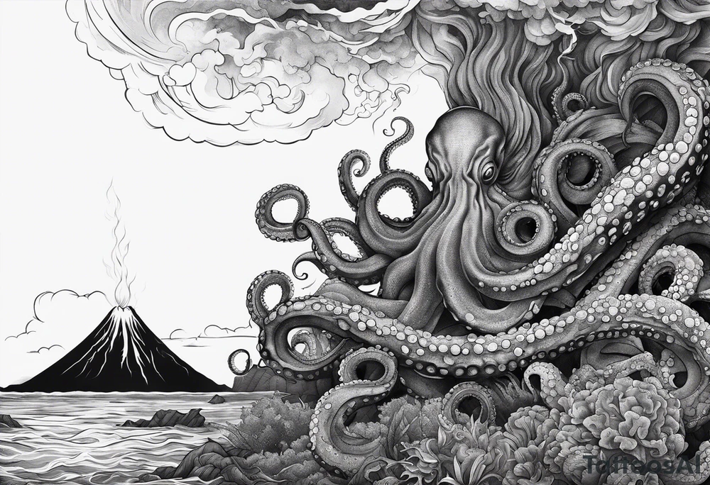 Octopus, volcano eruption, broken bridge tattoo idea Octopus, volcano eruption, broken bridge tattoo idea