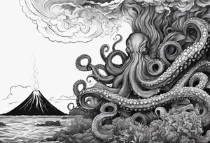 Octopus, volcano eruption, broken bridge tattoo idea