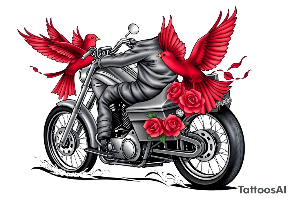 Harley grey motorcycle driving away, two red birds flying, roses and lace, flames tattoo idea