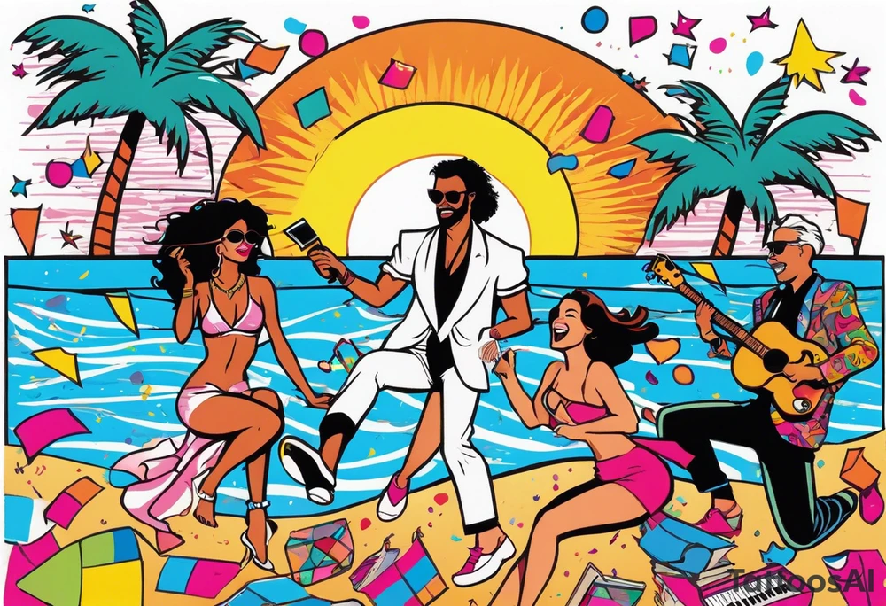 1980's miami vice style beach dance 
party, include confetti, music notes, boom box, bikinis sunset in the center tattoo idea