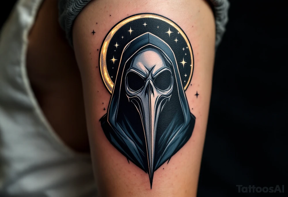 Plague Doctor with Moon & Stars – A celestial-inspired design, where the plaue doctor with tipical mask stands under a crescent moon with glowing silver stars. The mask is midnight black, reflecting the cold silver tones of the night. tattoo idea