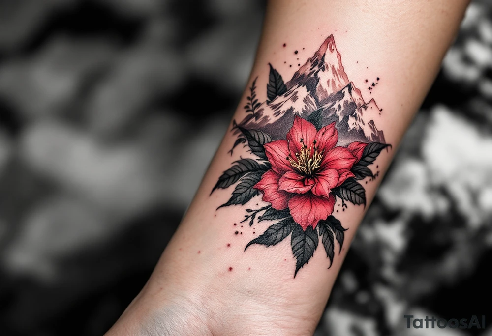 red  and black rhododendron trippy with Himalayas behind tattoo idea