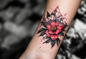 red  and black rhododendron trippy with Himalayas behind tattoo idea