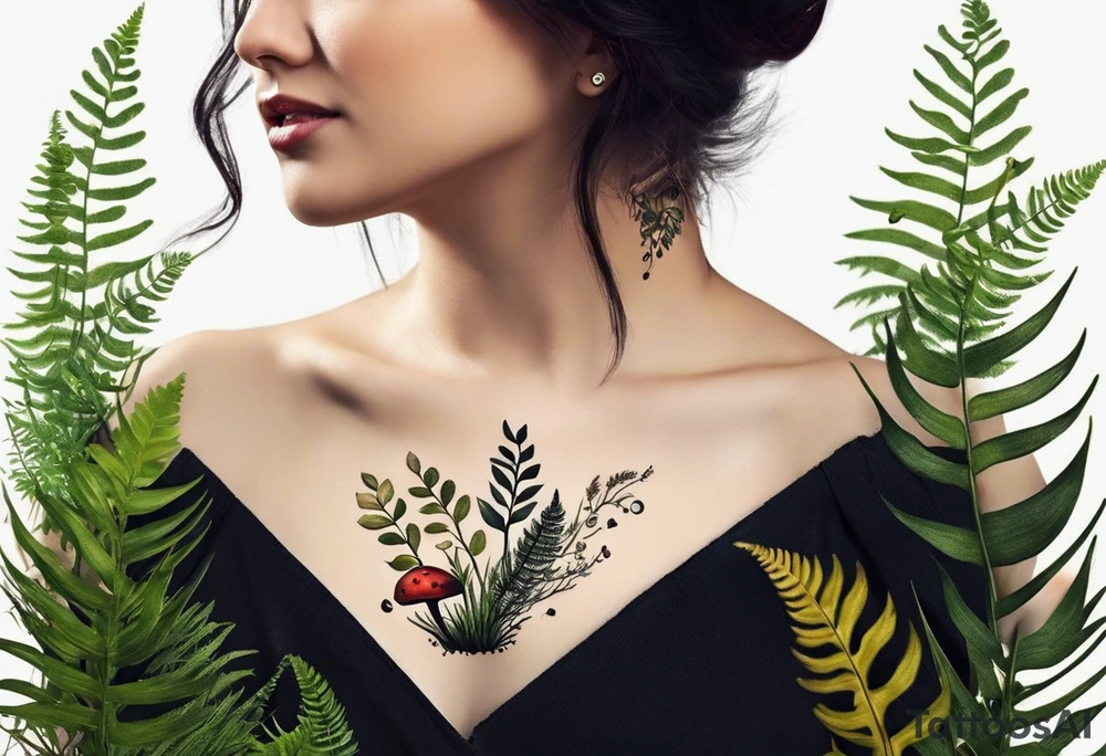 minimalistic forest floor inspired tattoo, which includes grass, moss, curly ferns and dead leaves as the bulk of the tattoo. details to include: forest berries, couple of very small brown mushrooms, a tiny bumblebee flying nearby tattoo idea